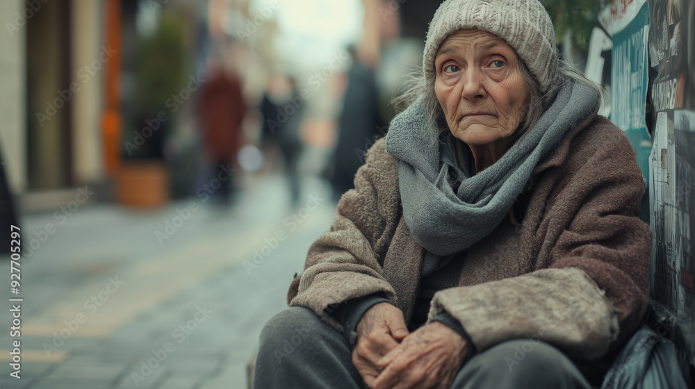 Elderly homeless woman is sitting on a busy city street corner, bundled up in warm clothing Elderly homeless woman is sitting on a busy city street corner, bundled up in warm clothing