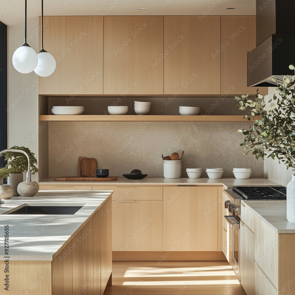 Fototapeta premium designed to harmonize Japanese and Scandinavian design principles in a minimalist kitchen setting, focusing on kitchenware for home cooking