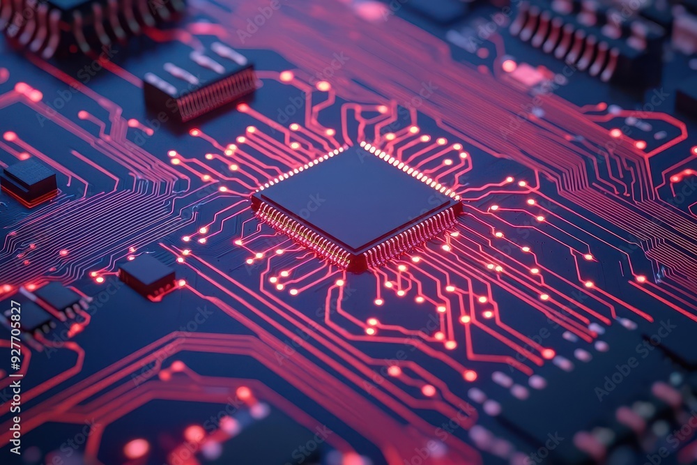 Efficient circuit board, intricate patterns with energy flow indicators, illustration Efficient circuit board, intricate patterns with energy flow indicators, illustration