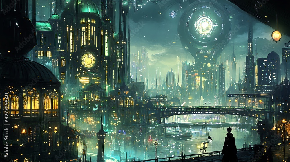 Obraz premium A digital clockwork city with intricate machinery and glowing circuitry