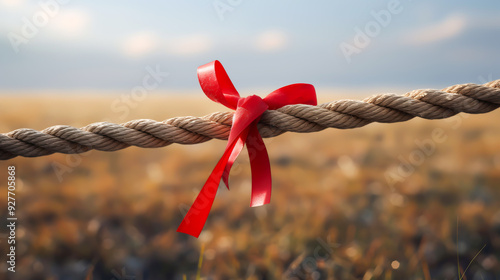 Long tug of war rope pulled tight, with red ribbon tie photo