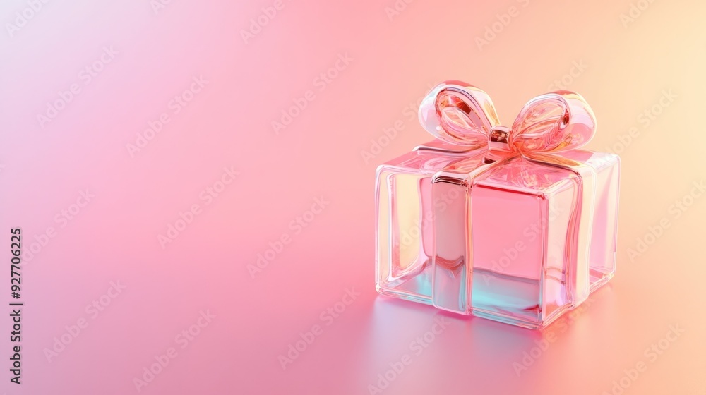 A glass gift box with a pink ribbon is displayed on a gradient pink background. Concept of glass elements, glassmorphing,elegance and celebration A glass gift box with a pink ribbon is displayed on a gradient pink background. Concept of glass elements, glassmorphing,elegance and celebration