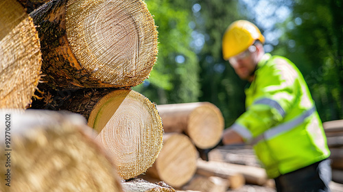 a worker inspecting freshly cut Paulownia logs in the forest, mass wood production industry