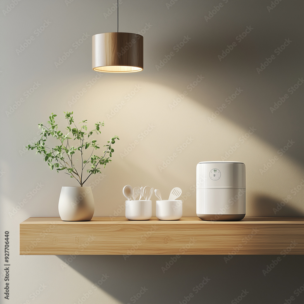 designed to harmonize Japanese and Scandinavian design principles in a minimalist kitchen setting, focusing on kitchenware for home cooking designed to harmonize Japanese and Scandinavian design principles in a minimalist kitchen setting, focusing on kitchenware for home cooking