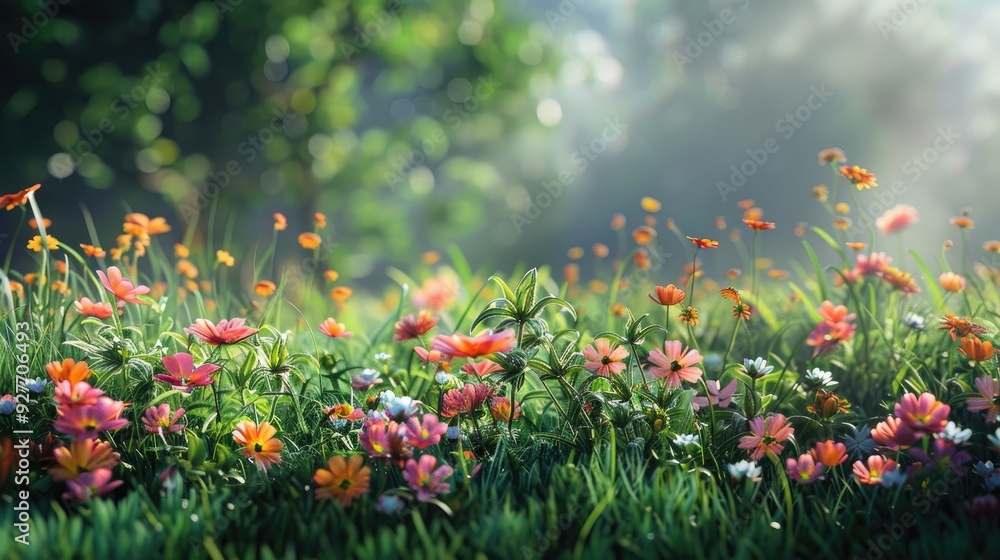 Morning grass decorated with flowers Morning grass decorated with flowers