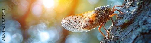 Captivating Close up of a Cicada with Transparent Wings Clinging to a Tree Branch