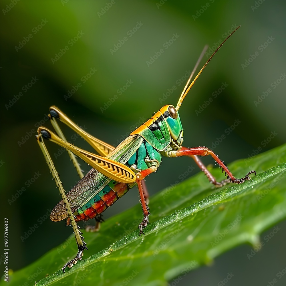 Vibrant Grasshopper Perched on Bright Green Leaf with Detailed Anatomy Visible in Close Up Nature Photography Vibrant Grasshopper Perched on Bright Green Leaf with Detailed Anatomy Visible in Close Up Nature Photography