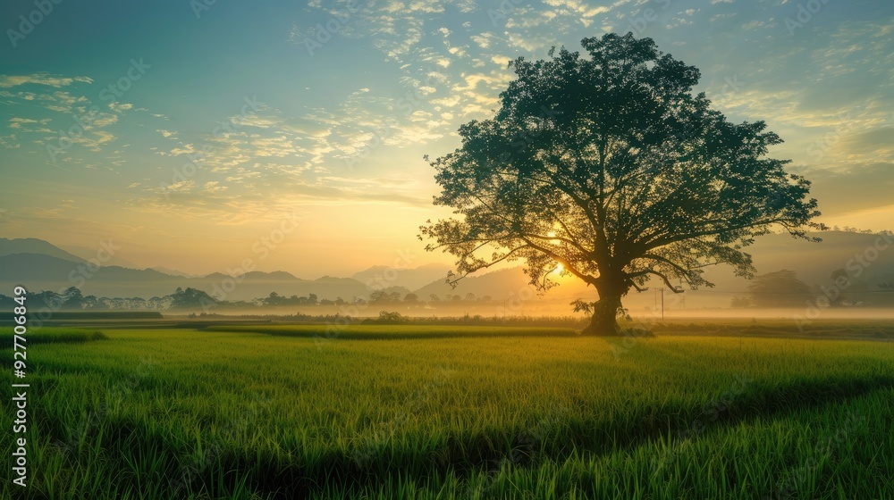Morning Sunrise Green Rice Field and Silhouette of Big Tree against Blurred Sky Morning Sunrise Green Rice Field and Silhouette of Big Tree against Blurred Sky