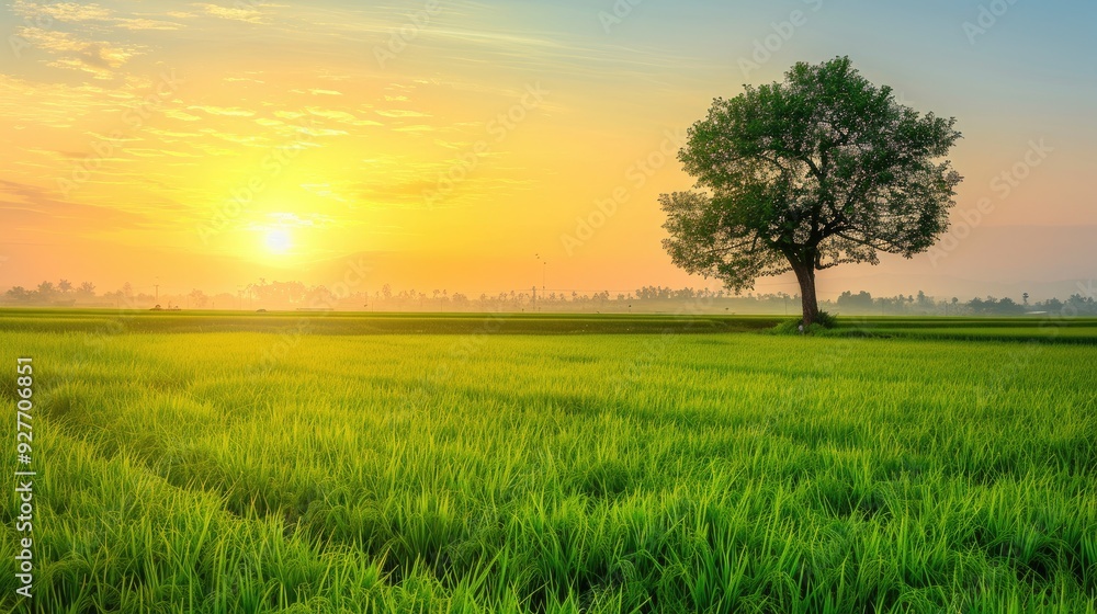 Morning Sunrise Green Rice Field and Silhouette of Big Tree against Blurred Sky Morning Sunrise Green Rice Field and Silhouette of Big Tree against Blurred Sky