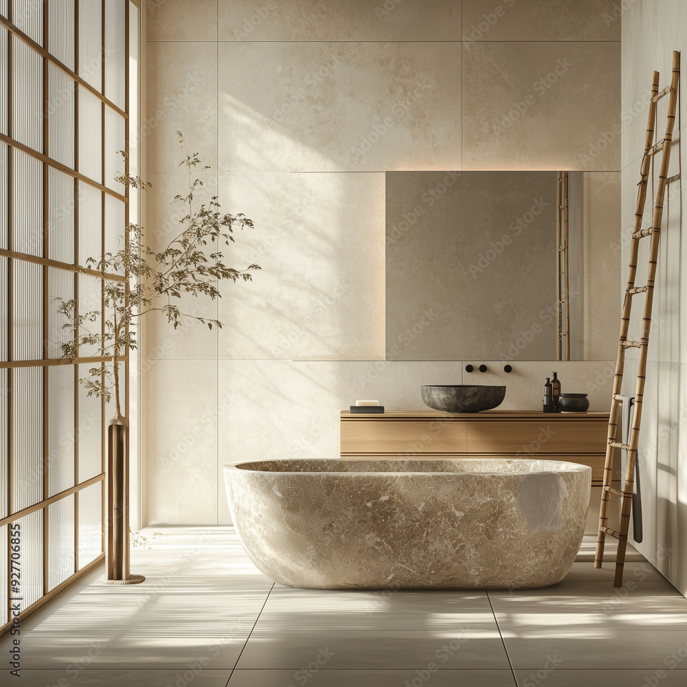 A minimal Japandi serene restroom featuring Japanese and Scandinavian ...