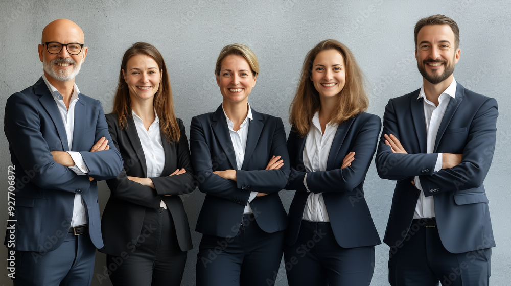 Five confident business people in suits stand together. Smiling and crossing their arms. Exuding success and professionalism in an office setting Five confident business people in suits stand together. Smiling and crossing their arms. Exuding success and professionalism in an office setting