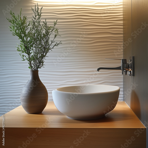 A minimal Japandi serene restroom featuring Japanese and Scandinavian design elements
Modern bathroom interior featuring natural wood accents, bamboo plants, and soft lighting during the day
 photo