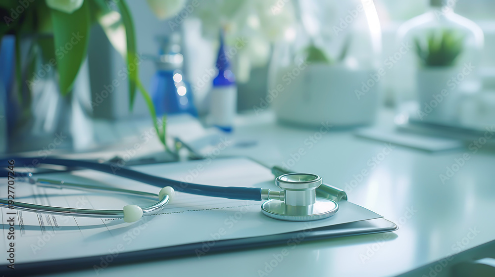 Stethoscope and a medical report on the table in hospital Stethoscope and a medical report on the table in hospital