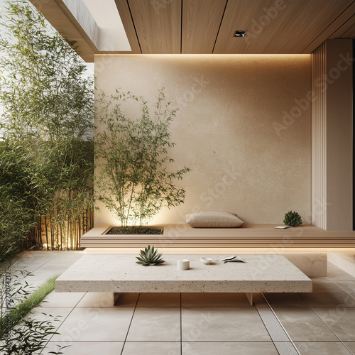 a minimal Japandi outdoor terrace with soft neutrals and natural accents designed for chilling, tea, or reading. Japanese and Scandinavian