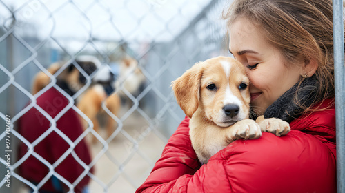 Woman holding up puppy in animal shelter, surrounded by other people and dogs behind the fence, showcasing dog adoption