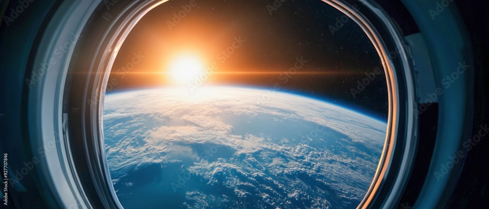 Sunrise Over Earth Seen Through Spaceship Window Sunrise Over Earth Seen Through Spaceship Window