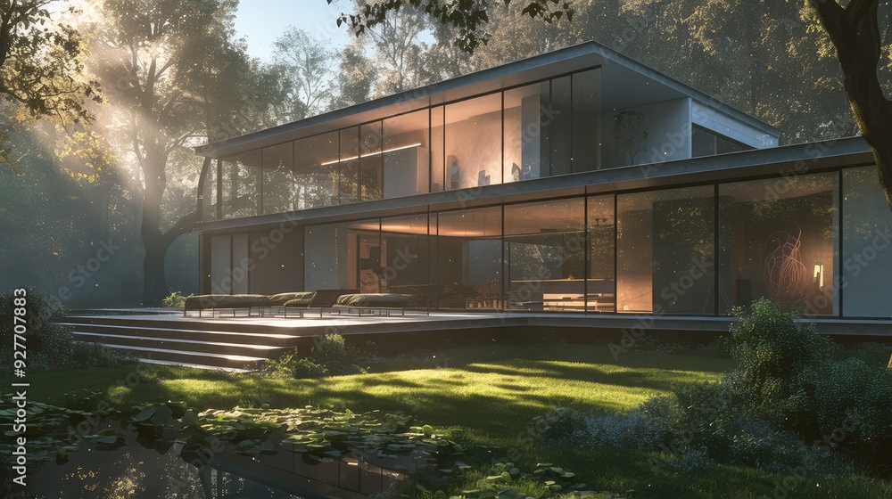A sleek and contemporary home surrounded by nature. A sleek and contemporary home surrounded by nature.