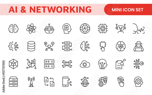Artificial intelligence and Networking technology icon set. AI and networking editable line icon illustration.