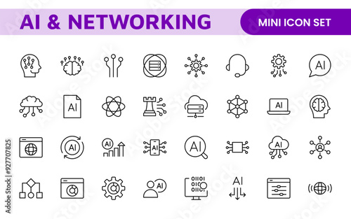 Artificial intelligence and Networking technology icon set. AI and networking editable line icon illustration.