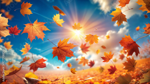 Vibrant Orange and Red Leaves Falling Against Bright Blue Sky, Close-Up with Depth of Field
