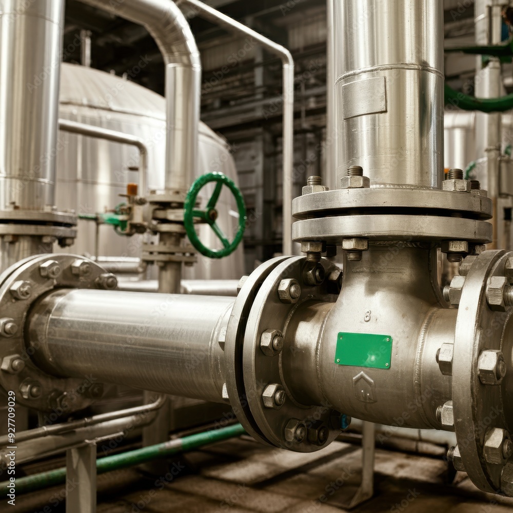 Stainless Steel Industrial Pipelines in a Modern Factory Stainless Steel Industrial Pipelines in a Modern Factory
