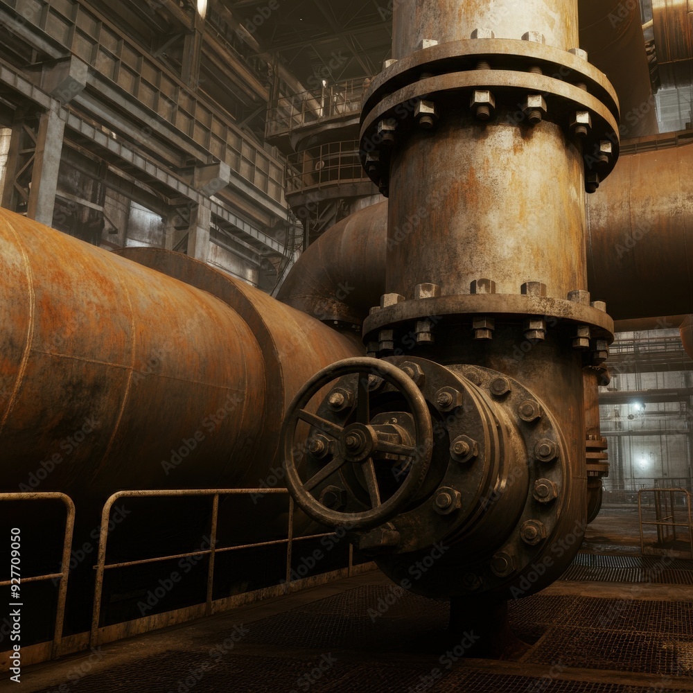 Heavy Industrial Pipeline with Large Valve in a Factory Setting Heavy Industrial Pipeline with Large Valve in a Factory Setting