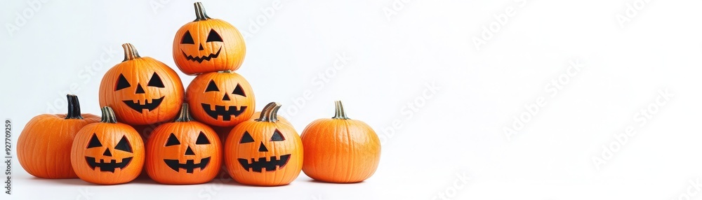 Pumpkins stacked in a pyramid, each with a different horror mask, on a white background, Halloween, dramatic simplicity Pumpkins stacked in a pyramid, each with a different horror mask, on a white background, Halloween, dramatic simplicity