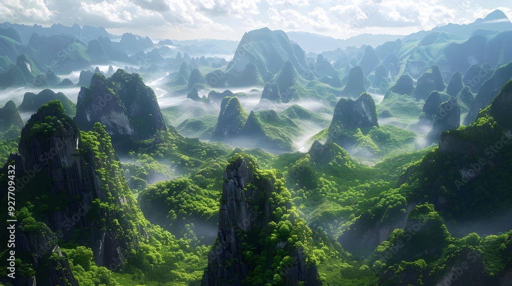 Peaks sharp karst towering above the green valleys Peaks sharp karst towering above the green valleys
