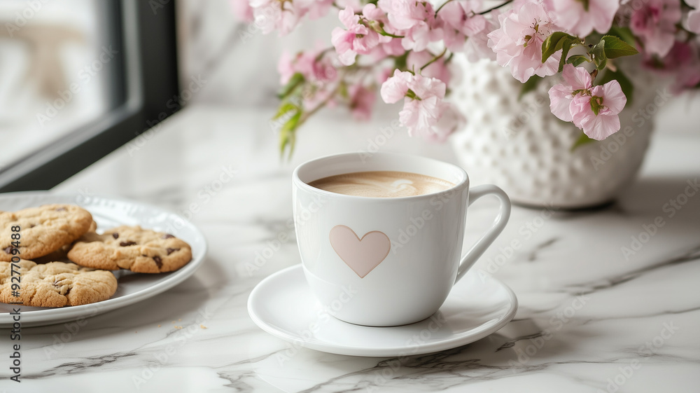 A stylish white coffee cup with a heart motif, resting on a saucer next to a plate of cookies on a marble countertop. The scene is completed with a vase of pink flowers in the background. Ai generated A stylish white coffee cup with a heart motif, resting on a saucer next to a plate of cookies on a marble countertop. The scene is completed with a vase of pink flowers in the background. Ai generated