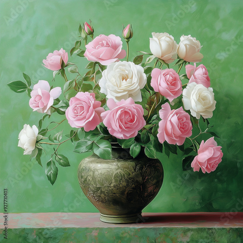 A charming display of colorful roses arranged in a rustic Japanese Zen-style vase on the colorful background