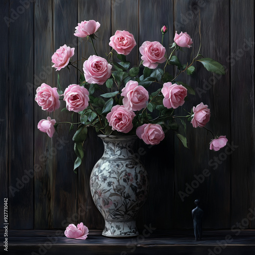 A charming display of colorful roses arranged in a rustic Japanese Zen-style vase on the colorful background