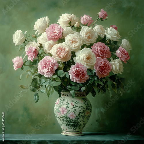 A charming display of colorful roses arranged in a rustic Japanese Zen-style vase on the colorful background
