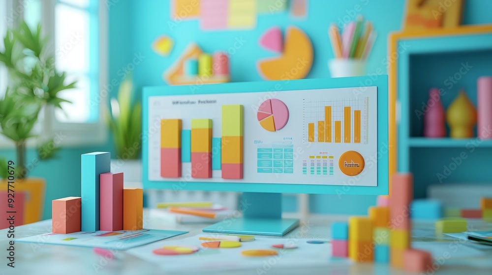 Colorful 3D Charts and Graphs on a Desk. Colorful 3D Charts and Graphs on a Desk.
