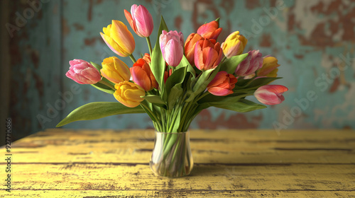 A charming display of colorful tulips arranged in a rustic Japanese Zen-style vase on the colorful background photo