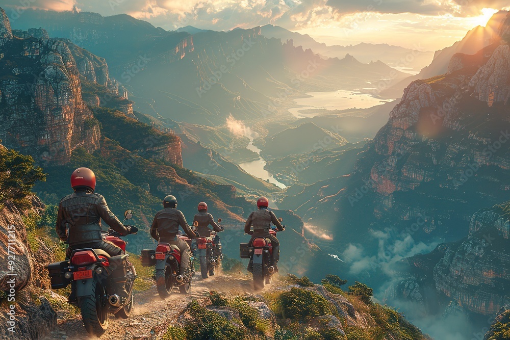 Fototapeta premium Four people on motorcycles are riding down a mountain road