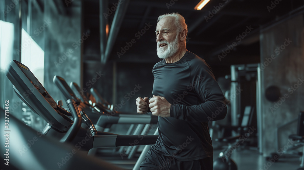 An older man running on a treadmill at the gym, surrounded by modern equipment, emphasizing fitness and a healthy lifestyle in later years. Ai generated An older man running on a treadmill at the gym, surrounded by modern equipment, emphasizing fitness and a healthy lifestyle in later years. Ai generated