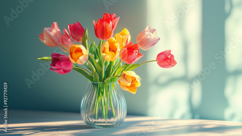 A charming display of colorful tulips arranged in a rustic Japanese Zen-style vase on the colorful background photo