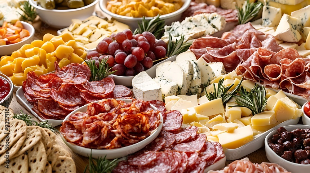 A Spreads Table With Various Cheeses, Salamis, and Grapes A Spreads Table With Various Cheeses, Salamis, and Grapes