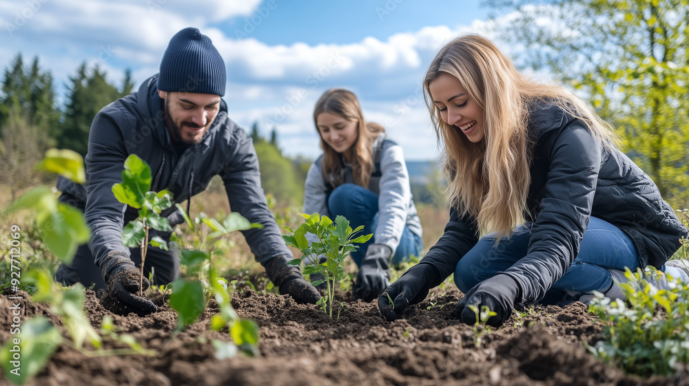 Friends and families volunteering together, planting young trees in a forested area, surrounded by nature and a clear blue sky. Ai generated Friends and families volunteering together, planting young trees in a forested area, surrounded by nature and a clear blue sky. Ai generated