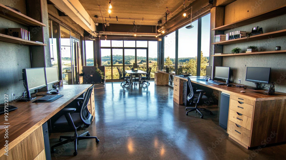 Spacious office with shared desks, PCs, and chairs, overlooking a brown concrete floor. --ar 16:9 --v 6.1 Job ID: 5709baa2-3dcd-4529-9c93-a50818648f91 Spacious office with shared desks, PCs, and chairs, overlooking a brown concrete floor. --ar 16:9 --v 6.1 Job ID: 5709baa2-3dcd-4529-9c93-a50818648f91