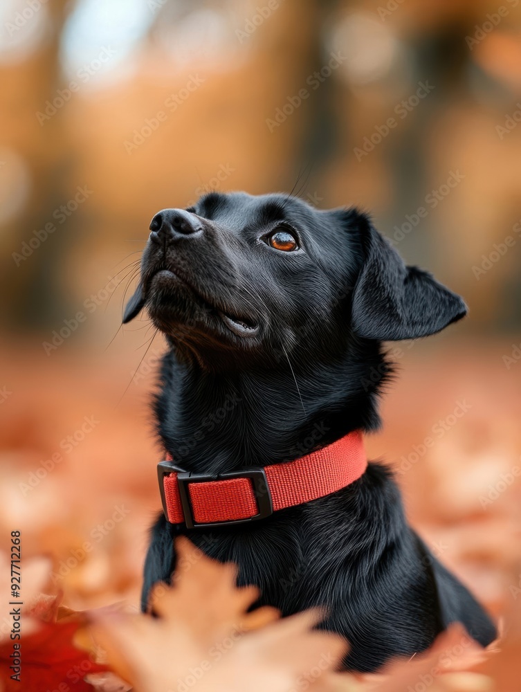 A black dog with a red collar gazes upwards amidst vibrant autumn leaves, capturing the essence of a serene fall moment. A black dog with a red collar gazes upwards amidst vibrant autumn leaves, capturing the essence of a serene fall moment.