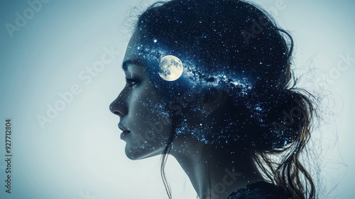 A dreamy profile image of a woman with a cosmic galaxy inside her head, symbolizing imagination and the universe. photo