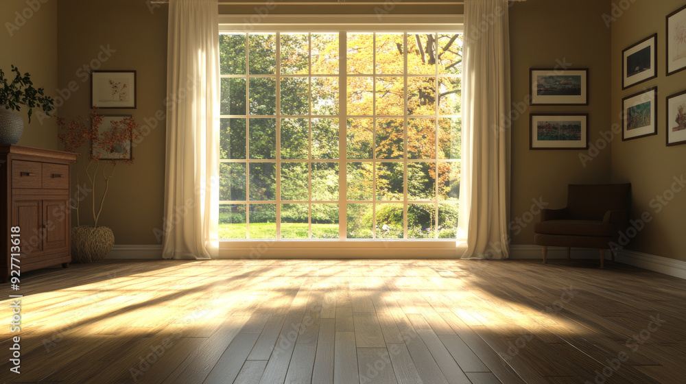 Obraz premium Spacious room with a large window and wooden floor, perfect for adding your own furniture and decor to create a cozy living space. --ar 16:9 --v 6.1 Job ID: e1c02703-1791-46de-9c0b-d7a03ebc9315