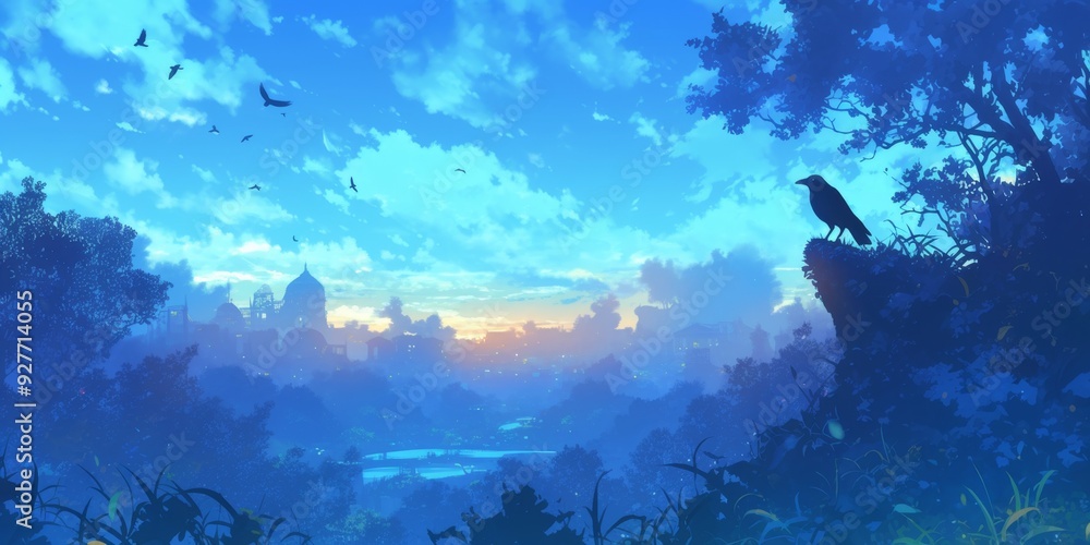 Obraz premium Ethereal Anime Autumn Night: Dewdrop Sky with Crows on Curtain Trees. Vibrant Blue Heavens Meet Dreamy Fall Landscape in 4K. 2025 Equinox Scene for UI, Web, and Halloween-Themed Posters. Fresh Colors 