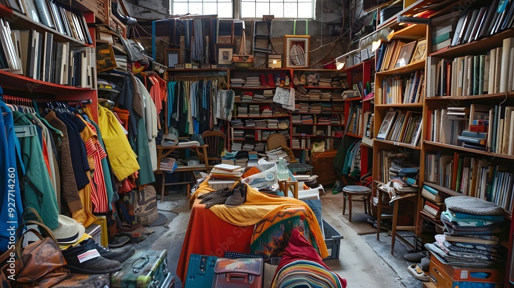 Fototapeta premium Used clothing, accessories, books, and household items are sold at secondhand clothing stores, thrift stores, and charity shops.