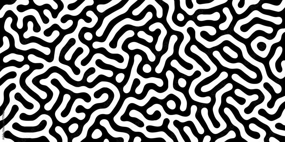 Fototapeta premium Abstract Turing organic wallpaper with background. Turing reaction diffusion monochrome seamless pattern with chaotic motion. Natural seamless line pattern. Linear design with biological shapes.