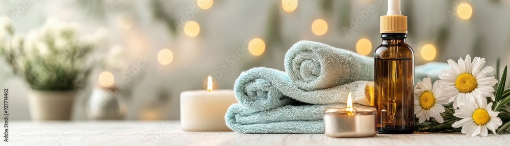 Spa Essentials with Towels, Candles, and Oil Bottle Spa Essentials with Towels, Candles, and Oil Bottle