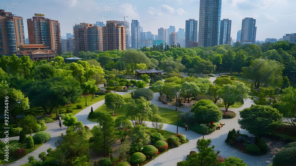 Obraz premium The city is surrounded by greenery of parks