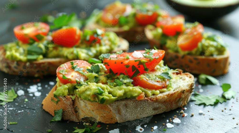 Nutritious bruschetta with guacamole tomatoes sea salt and herbs on whole grain bread Nutritious bruschetta with guacamole tomatoes sea salt and herbs on whole grain bread