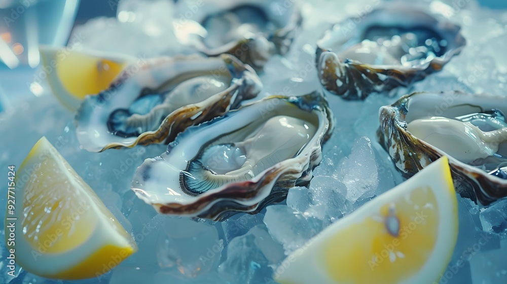 Delicacies fresh oysters on ice served with lemon Delicacies fresh oysters on ice served with lemon